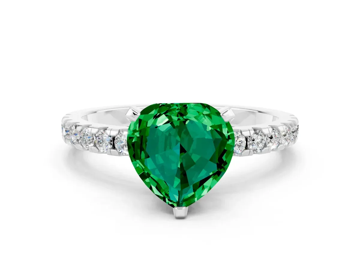 Heart Cut Emerald Solitaire Ring with Round Pavé Band and Four-Prong Setting Silver