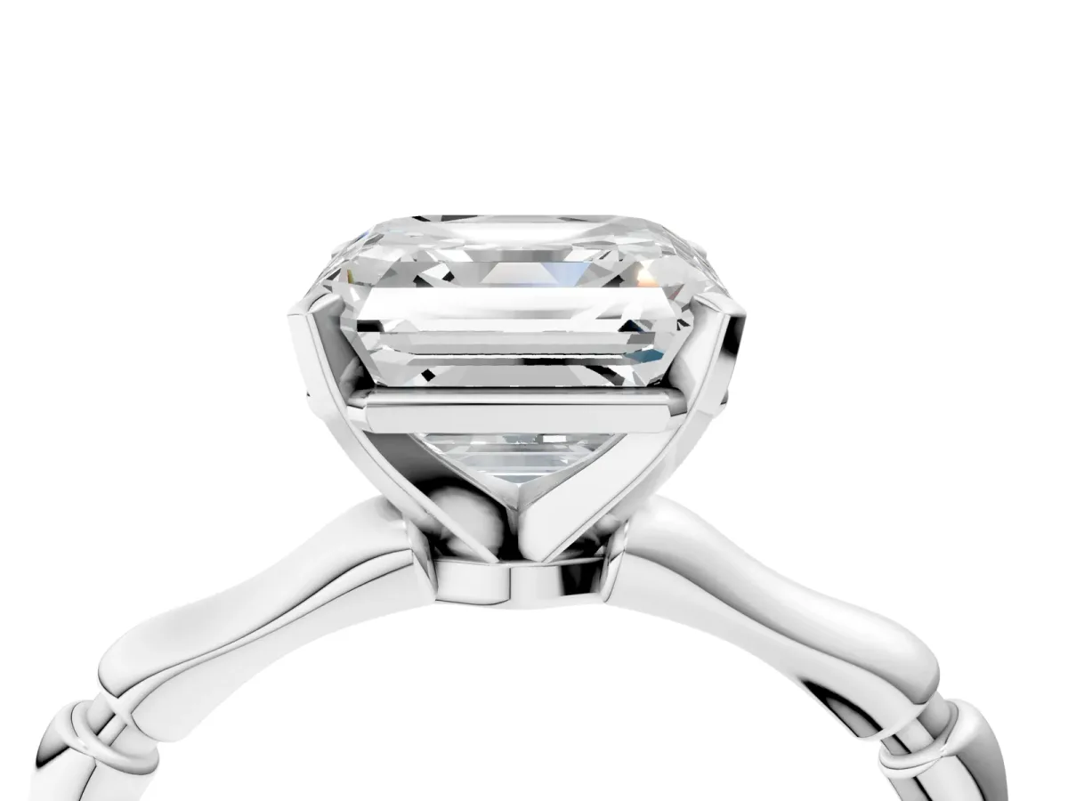 Asscher Cut Solitaire Diamond Ring with Bamboo Band and Four-Prong Setting Platinum