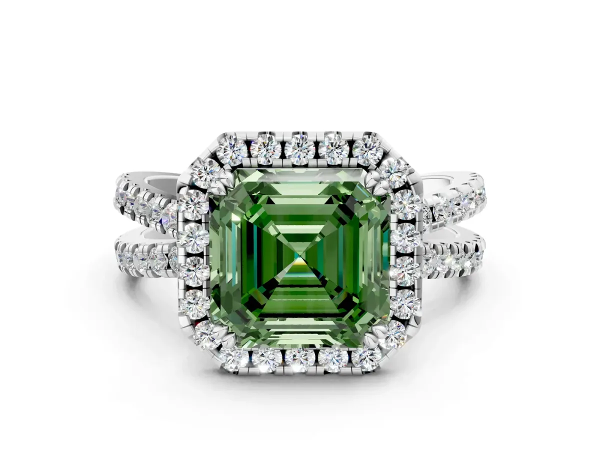 Fancy Green Asscher Cut Halo Split Shank Diamond Ring with Pavé Setting Platinum