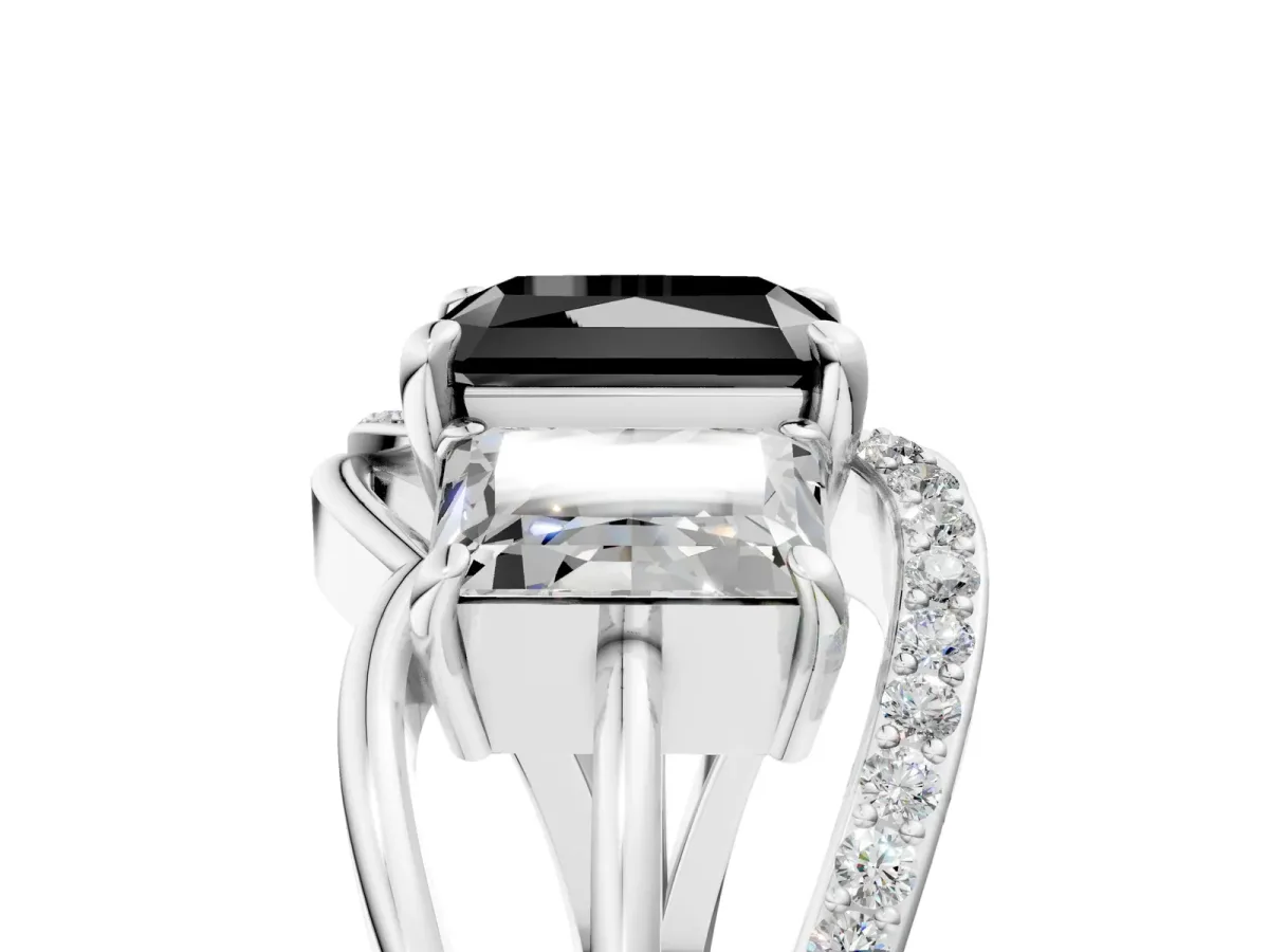 Fancy Black Three-Stone Radiant Cut Cut Diamond Split Shank Prong Set Ring Platinum
