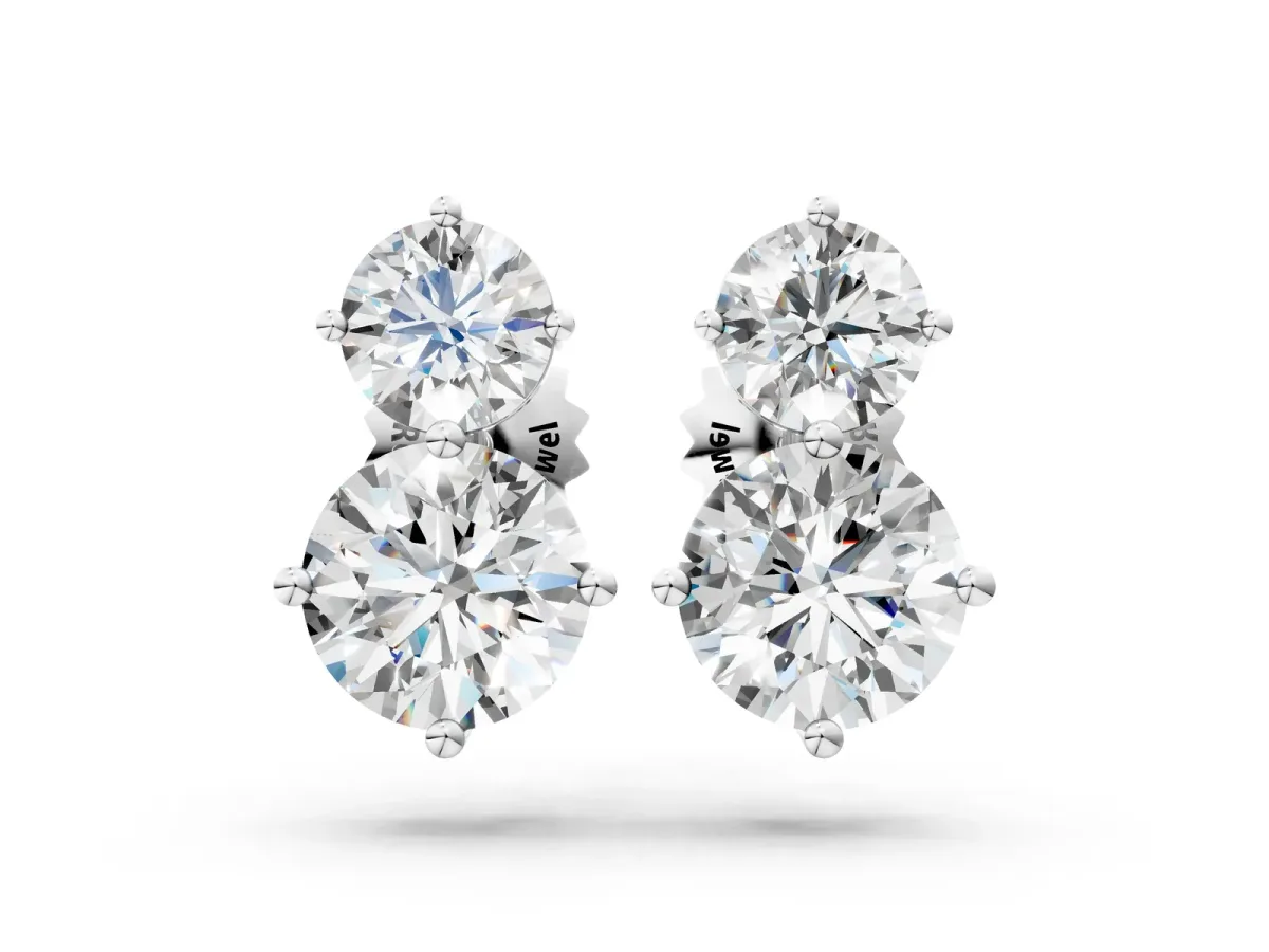 Round Cut Diamond Two Stone Stud Earrings Silver