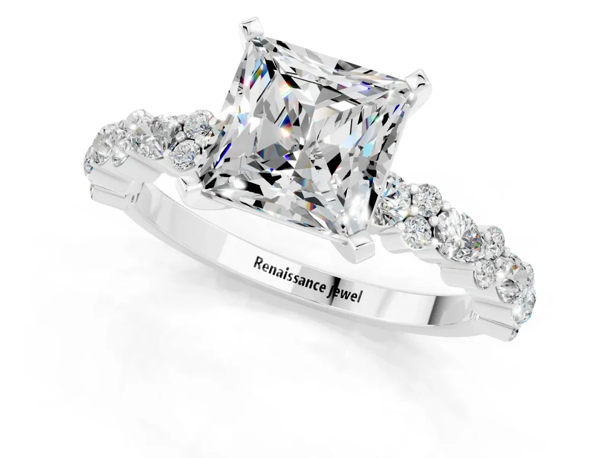 Princess Cut Moissanite Side Stone Solitaire Ring with Round and Four-Prong Setting Silver