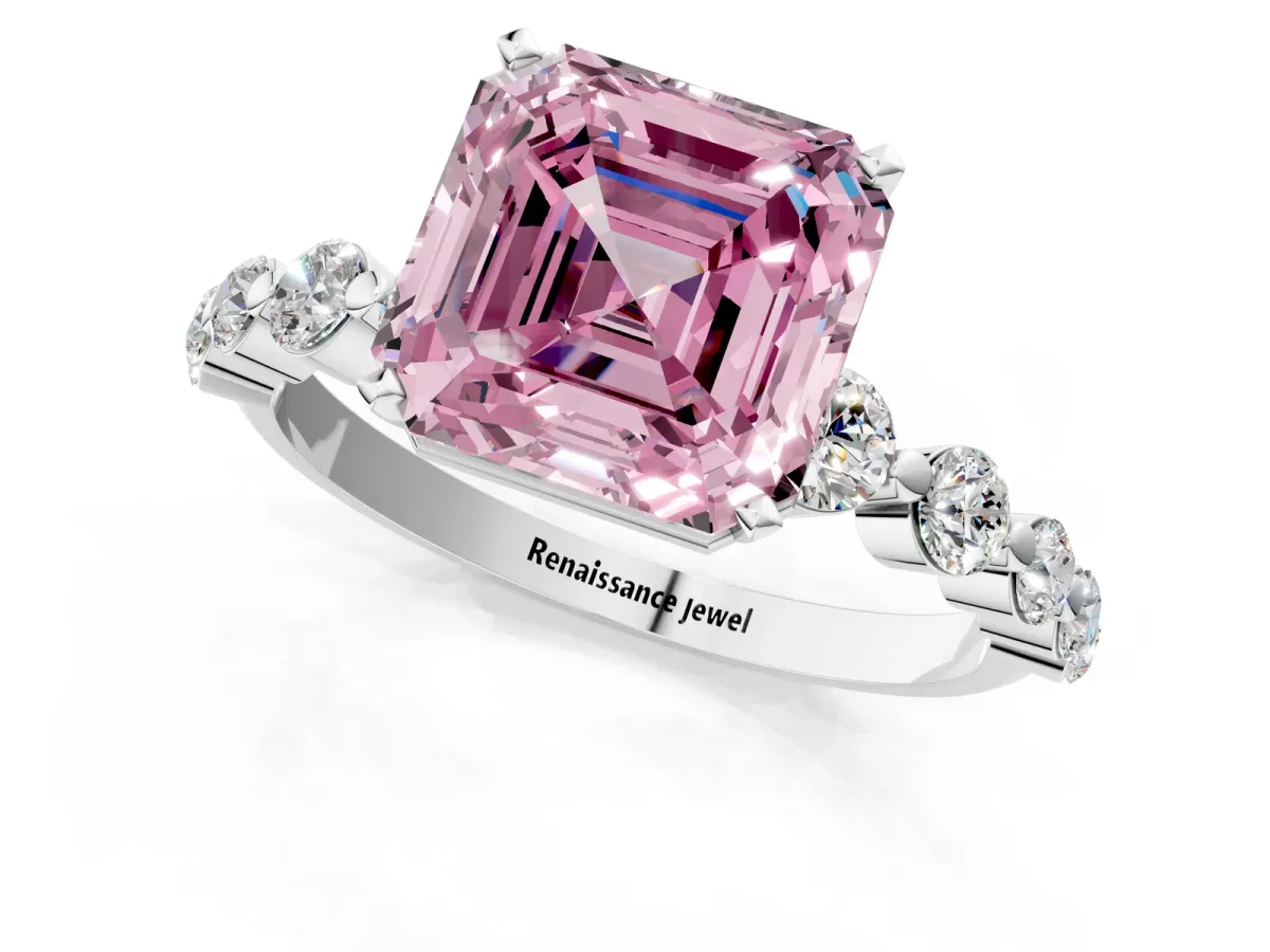 Fancy Pink Asscher Cut Solitaire Diamond Ring with Pave Band and Four-Prong Setting Silver