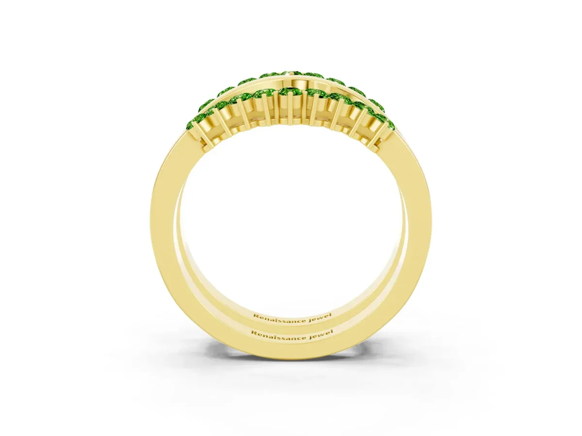 Round Peridot Chevron Contour Band with Prong Setting Yellow gold
