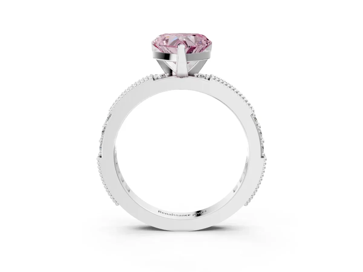 Fancy Pink Heart Cut Solitaire with Pavé Band and Four-Prong Setting Silver