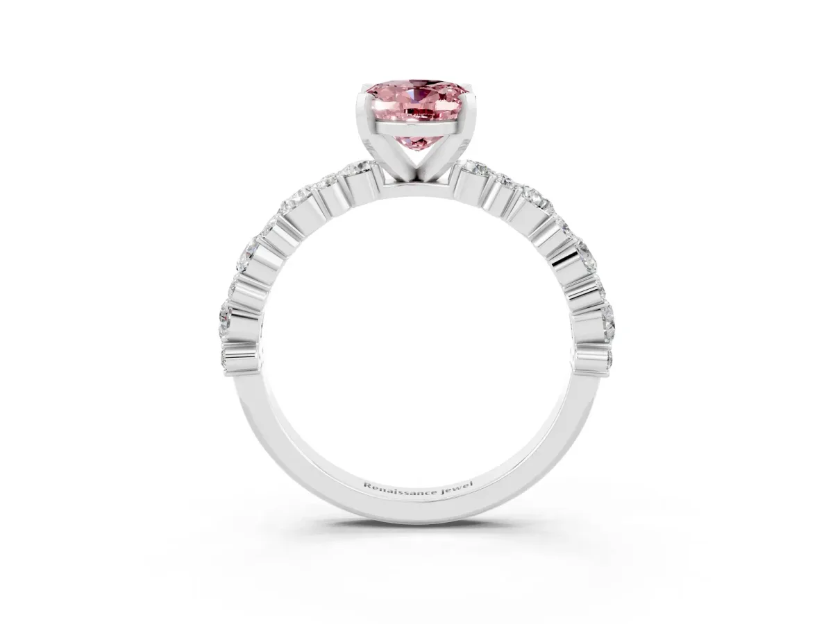 Oval Cut Morganite Side Stone Solitaire Ring with Round and Four-Prong Setting White gold