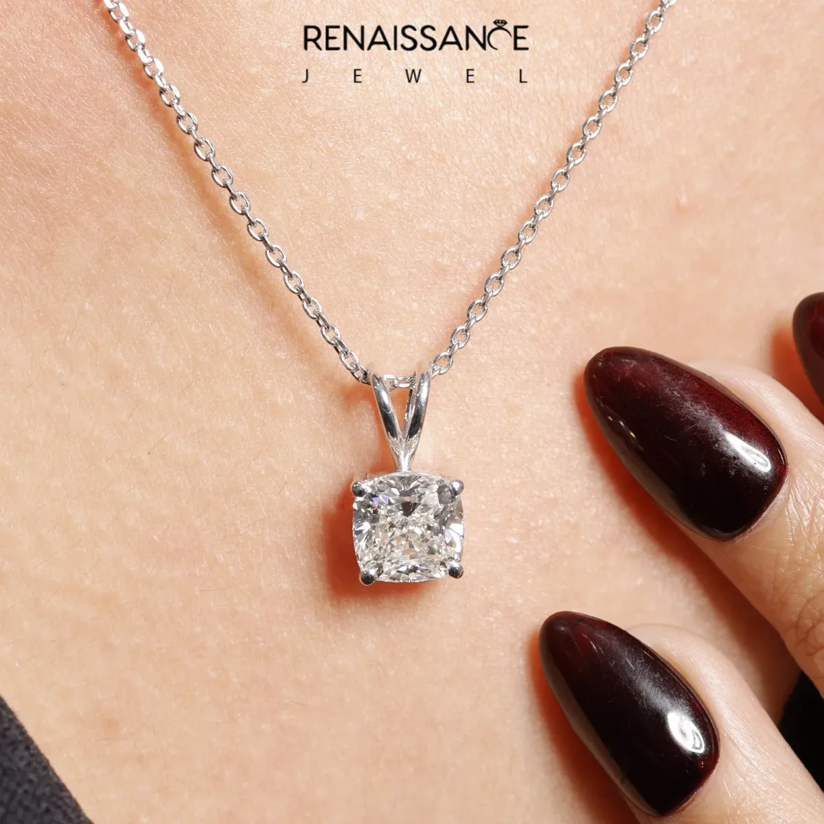 Cushion Solitaire Diamond Prong Pendant Silver