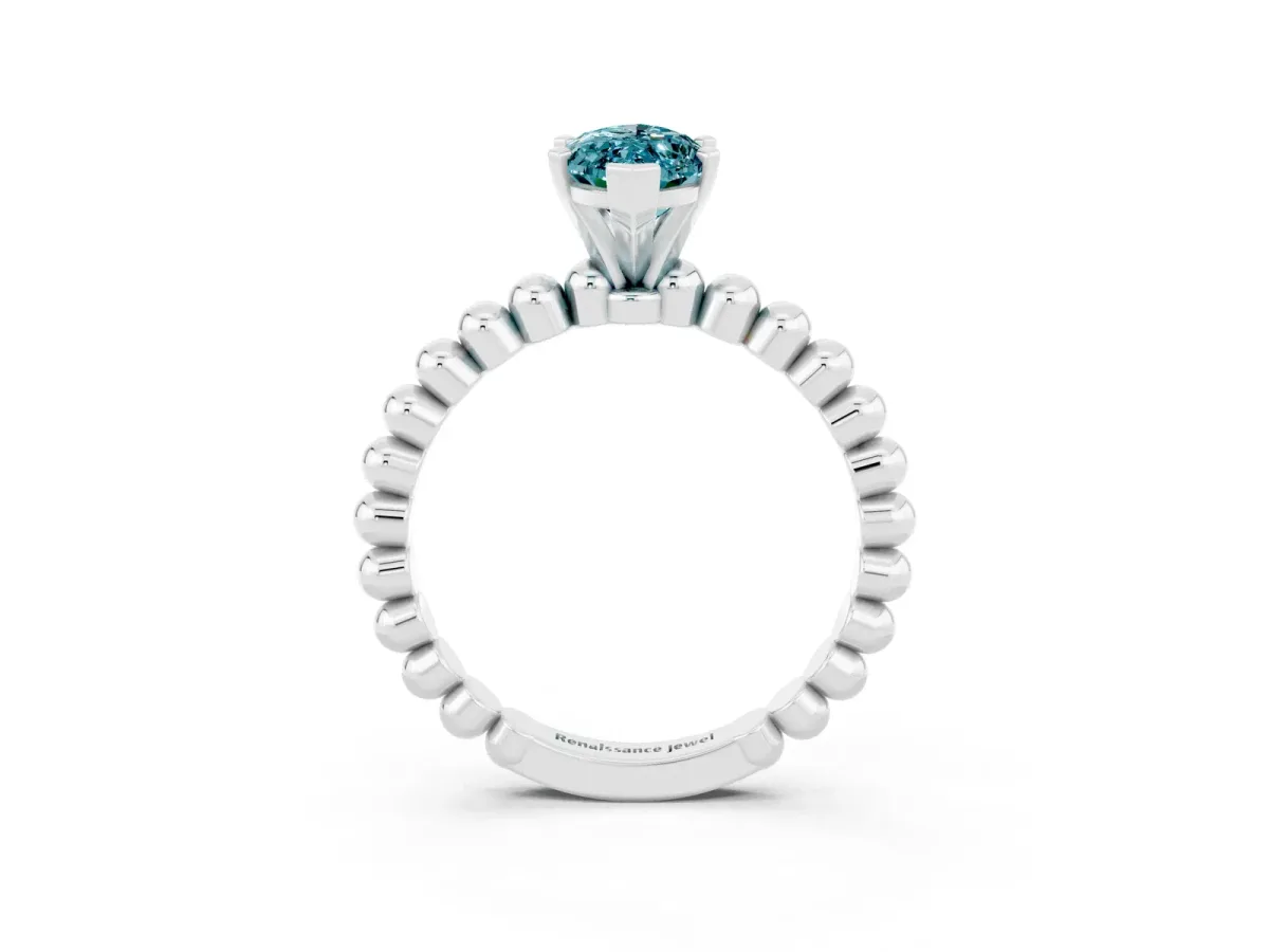 Marquise Cut Blue Topaz Solitaire Ring with Beaded Band and Prong Setting Silver