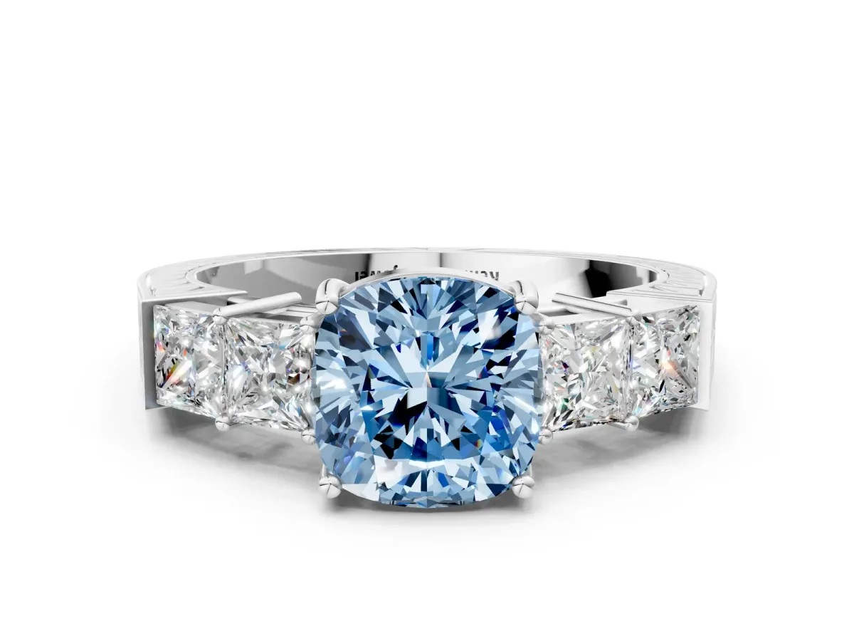 Fancy Blue Cushion Cut Solitaire Princess Side Stone Engraved Band Prong Setting Ring Platinum