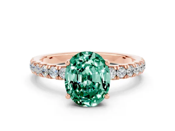 Oval Cut Green Sapphire Pave Band Solitaire Ring with Round and Prong Setting Rose gold