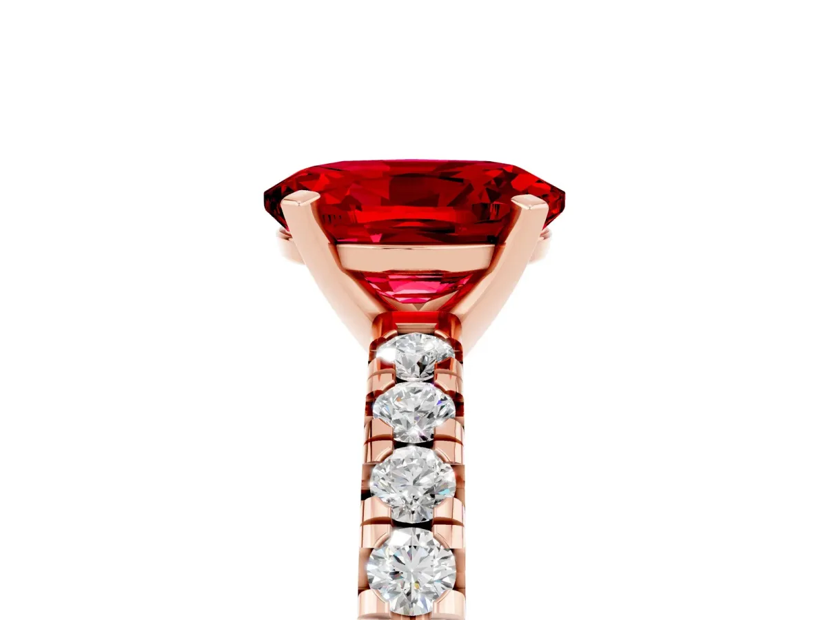 Oval Cut Ruby Solitaire Pavé Engagement Ring with Round Band and Prong Setting Rose gold