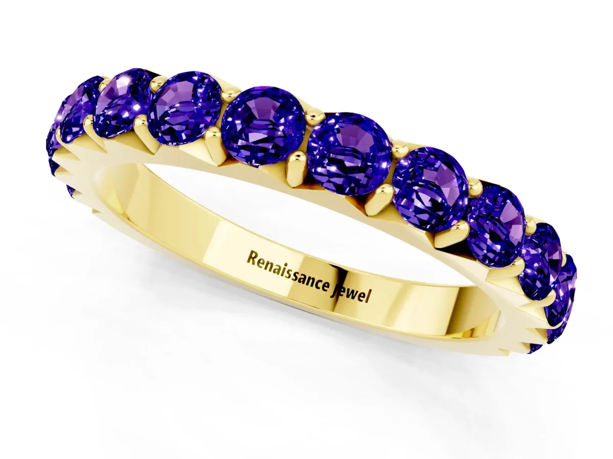 Round Tanzanite Half Eternity Band with Classic Prong Setting Yellow gold