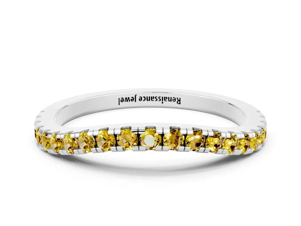 Round Yellow Sapphire Pavé Half Eternity Band with Shared Prong Setting Platinum