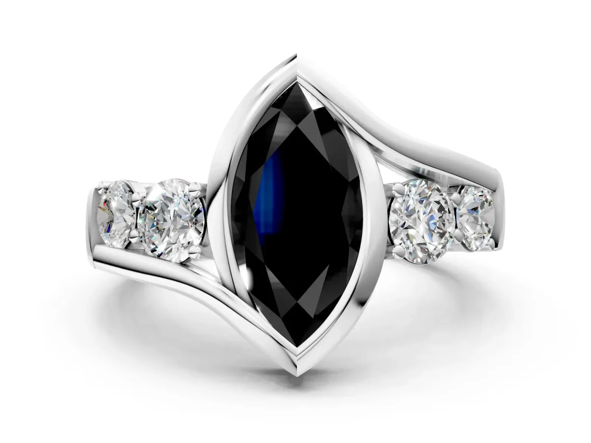 Fancy Black Bezel Set Marquise Cut Diamond Bypass Ring with Round Accents Silver