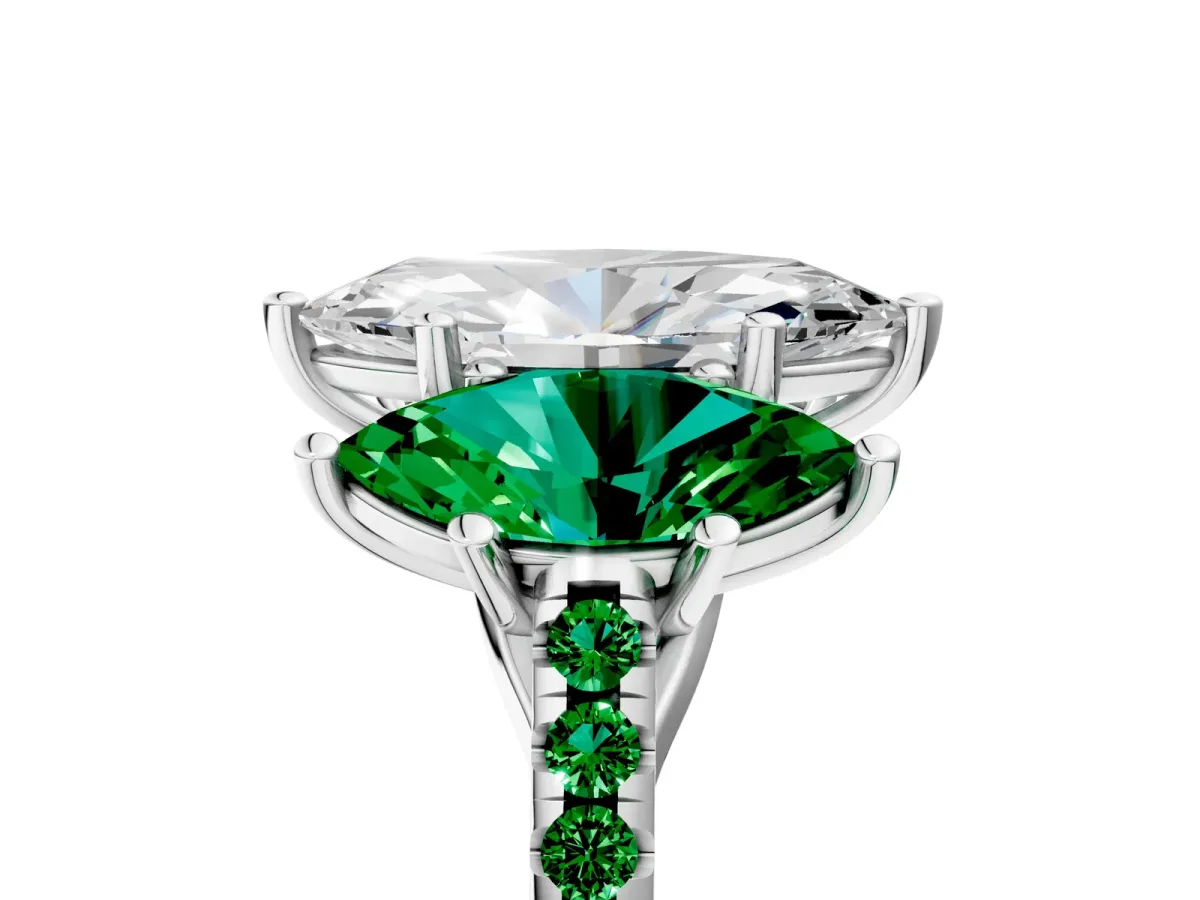 Three-Stone Marquise Cut Diamond Ring with Round Emerald Pavé Band and Prong Setting Silver