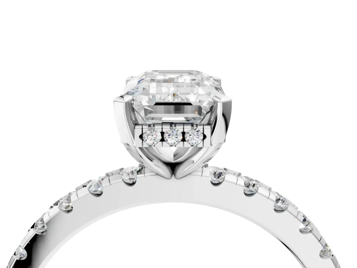 Emerald Cut Diamond Solitaire Ring with Round Pavé Band and Four-Prong Setting Platinum