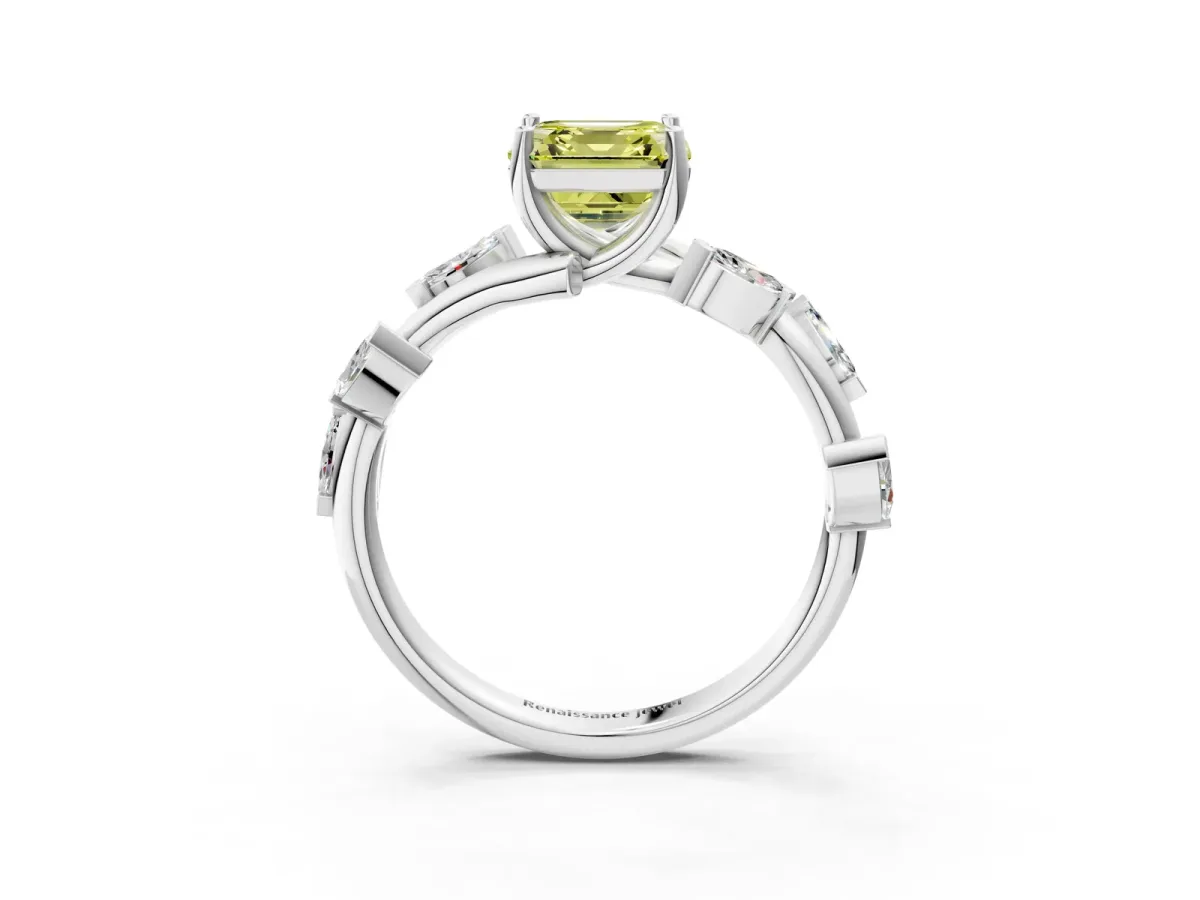 Fancy Yellow Asscher Cut Solitaire Twisted Band Marquise Accent Prong Setting Ring Platinum