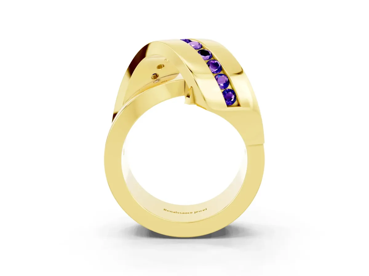 Pavé Round Tanzanite Crossover Band with Channel Setting Yellow gold