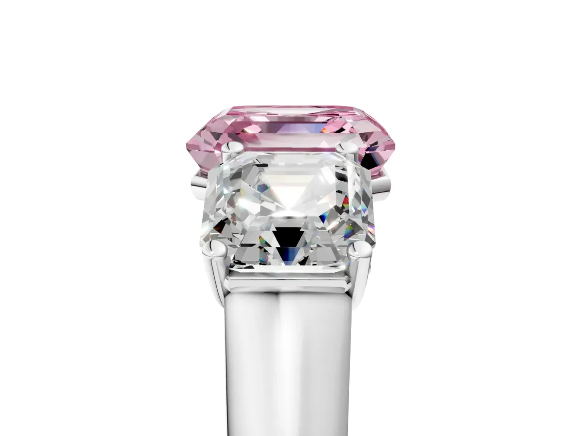 Fancy Pink Asscher Cut Three-Stone Diamond Ring with Prong Setting on a Classic Band Platinum