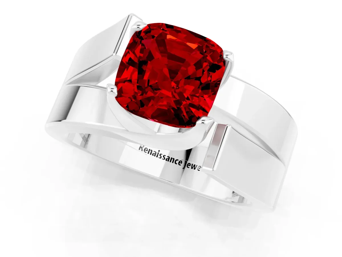 Modern Tension Set Cushion Cut Ruby Solitaire Wide Band Ring Silver