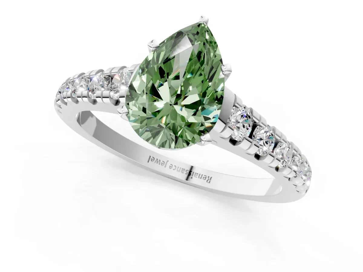 Fancy Green Pear Cut Diamond Cathedral Solitaire Ring with Round Pavé Band Silver