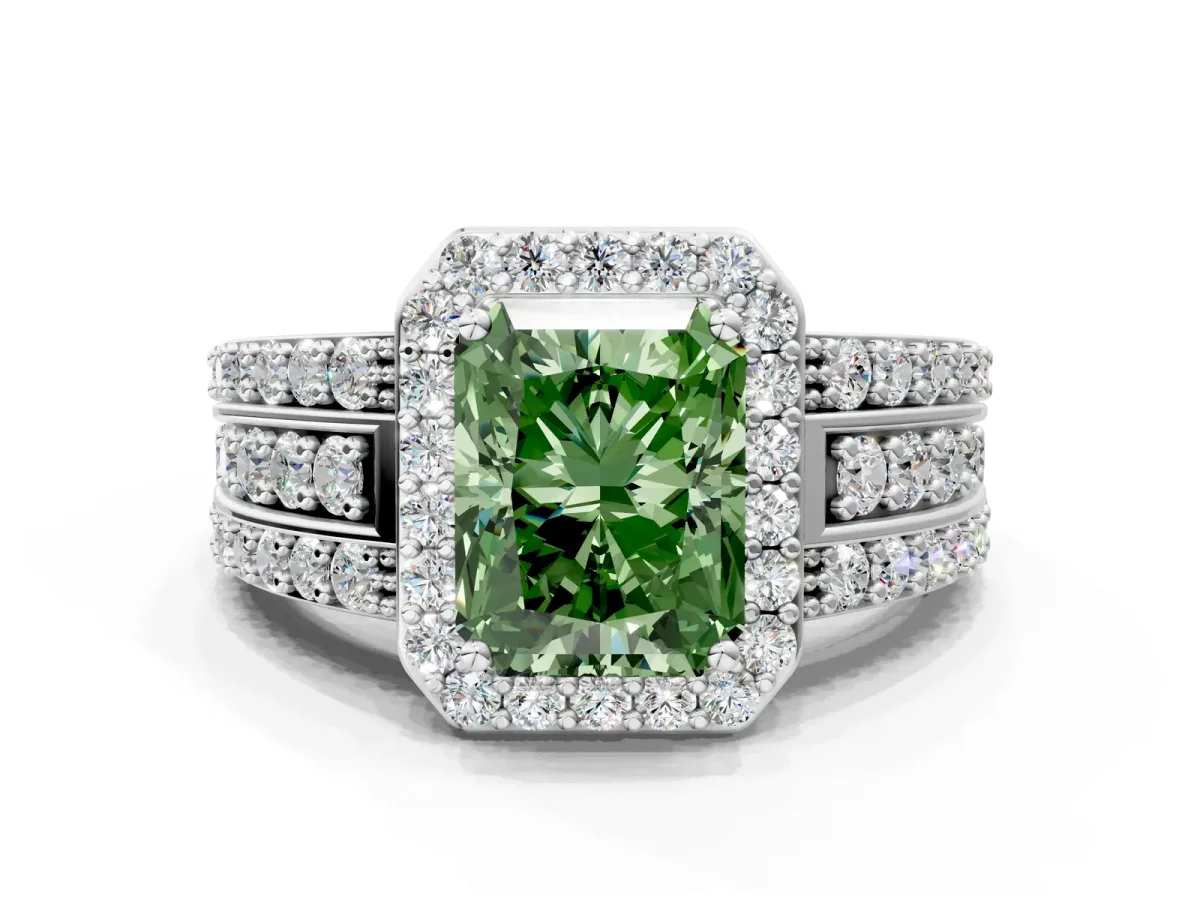 Fancy Green Radiant Cut Halo Diamond Ring with Round Split Shank and Prong Setting Silver