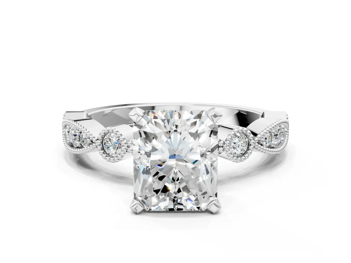 Radiant Cut Milgrain Bezel Diamond Engagement Ring with Solitaire Prong Setting Platinum