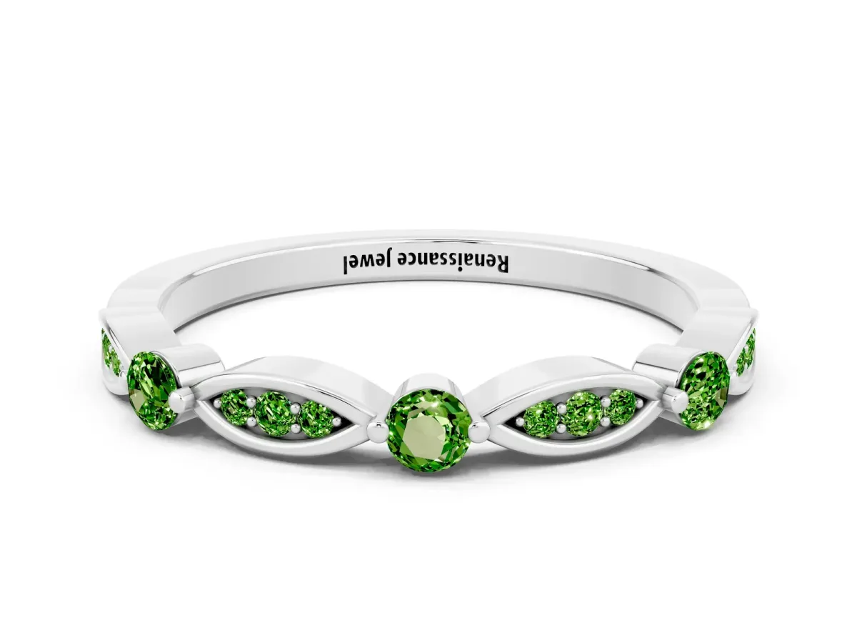 Marquise and Round Peridot Milgrain Band with Bezel Setting White gold