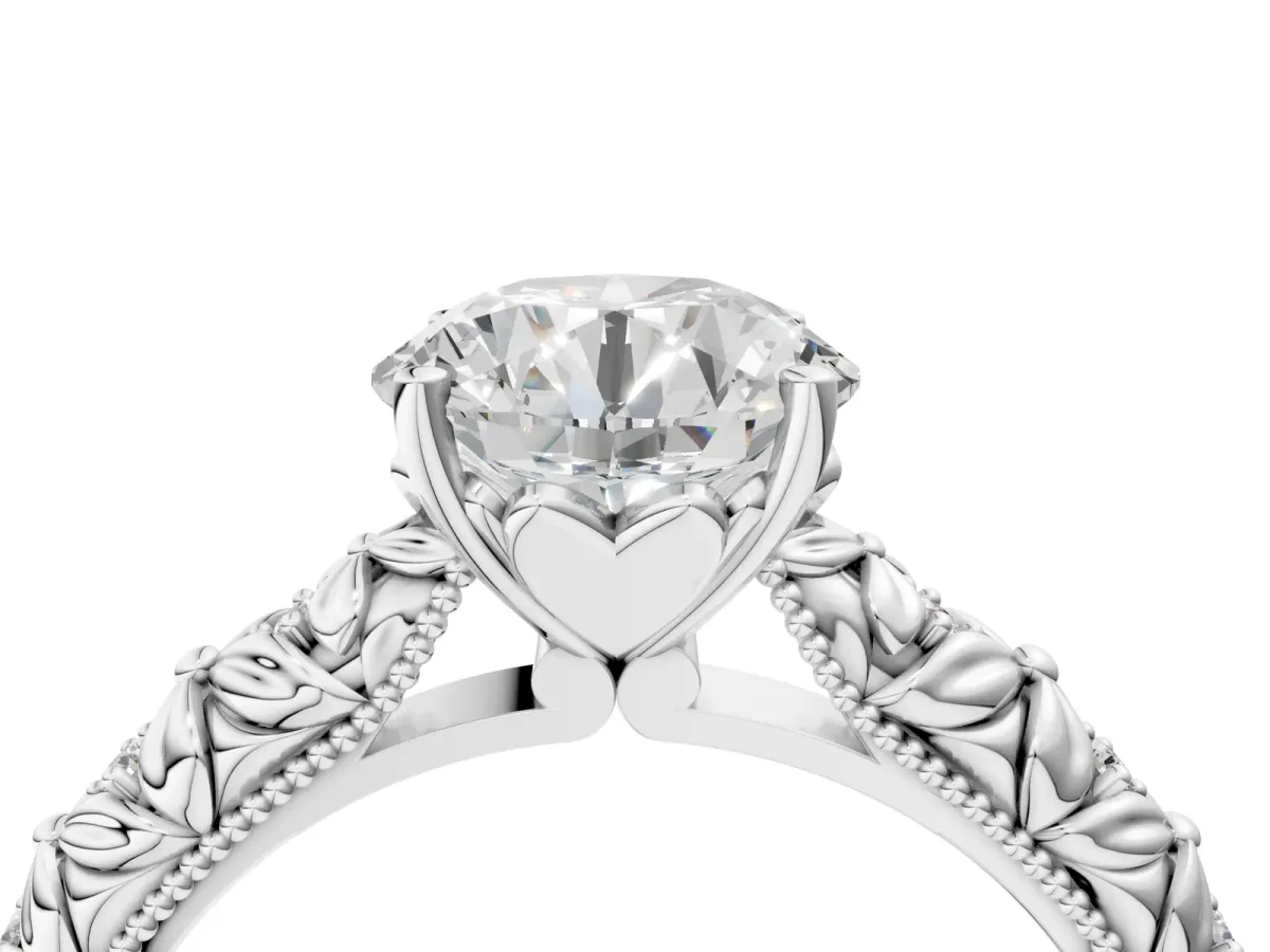 Round Cut Solitaire Floral Milgrain Engagement Ring Silver