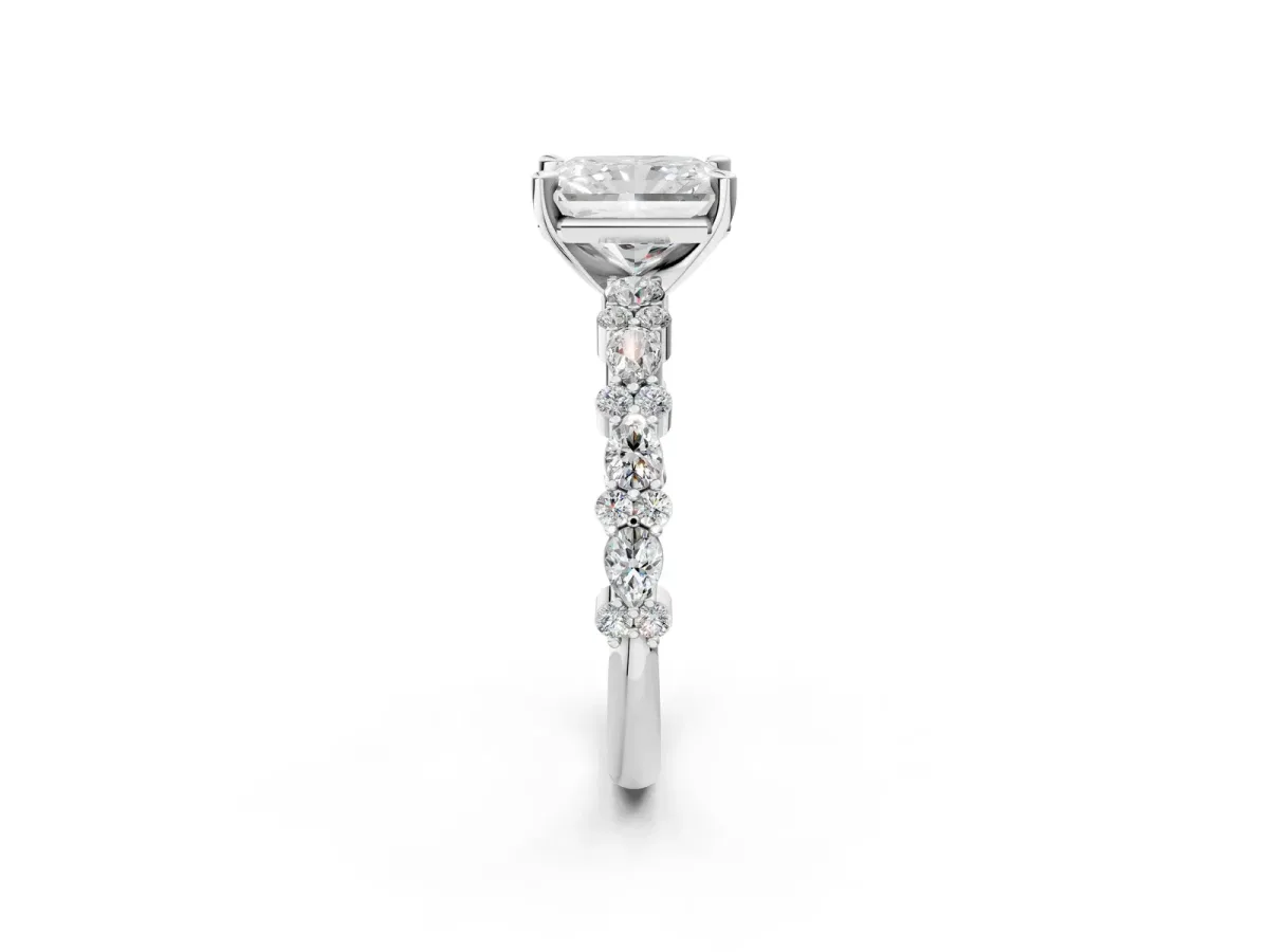 Radiant Cut Diamond Side Stone Solitaire Ring with Round and Four-Prong Setting Platinum