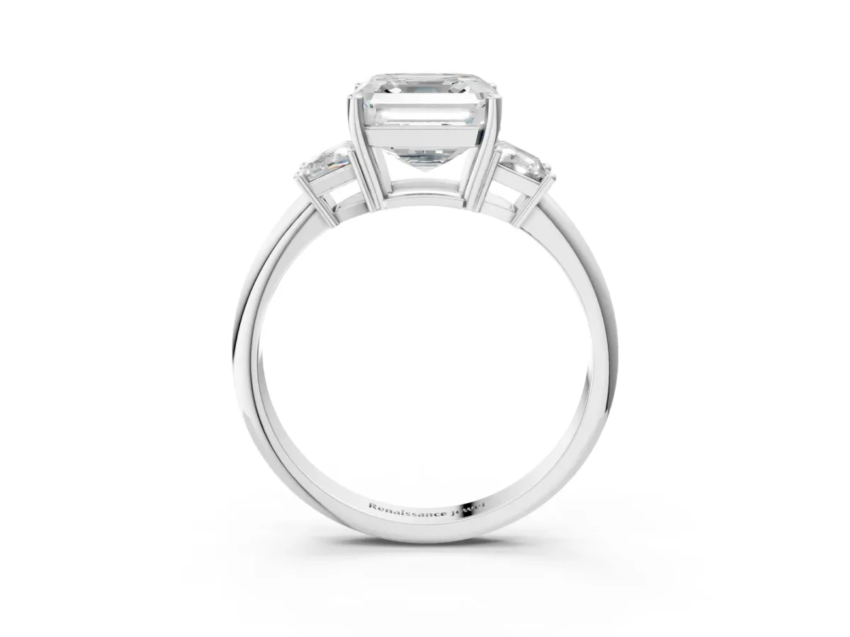 Asscher Cut Diamond Three-Stone Ring with Trapezoid Side Stones and Prong Setting Silver