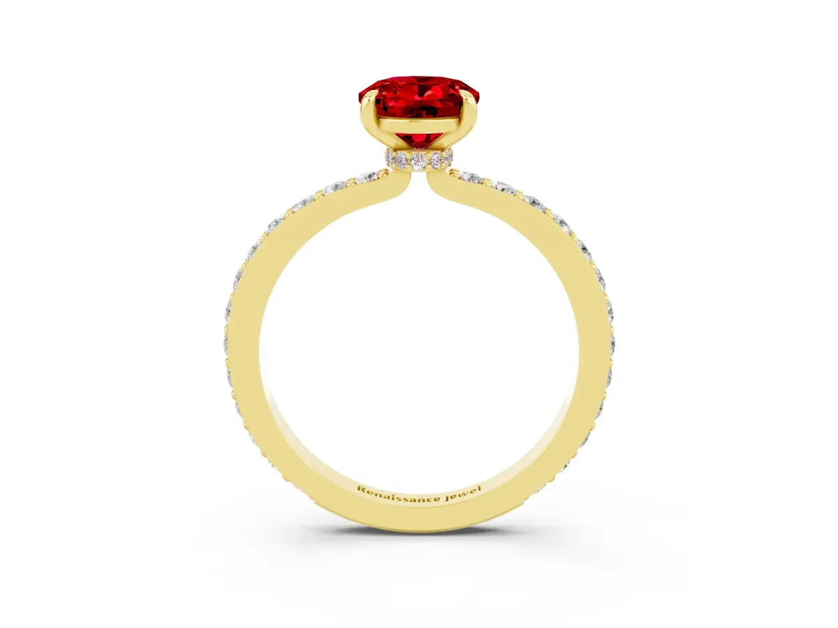 Oval Cut Ruby Solitaire Engagement Ring with Pavé Band and Four-Prong Setting Yellow gold