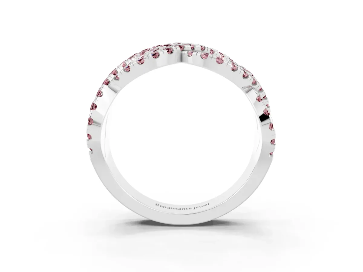 Pavé Round Morganite Infinity Twist Band with Shared Prong Setting Platinum