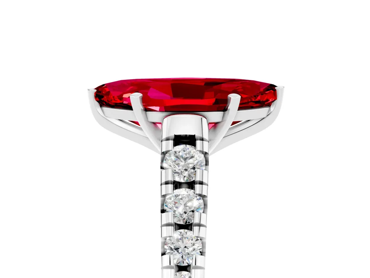 Marquise Cut Ruby Cathedral Solitaire Ring with Round Pavé Band Silver