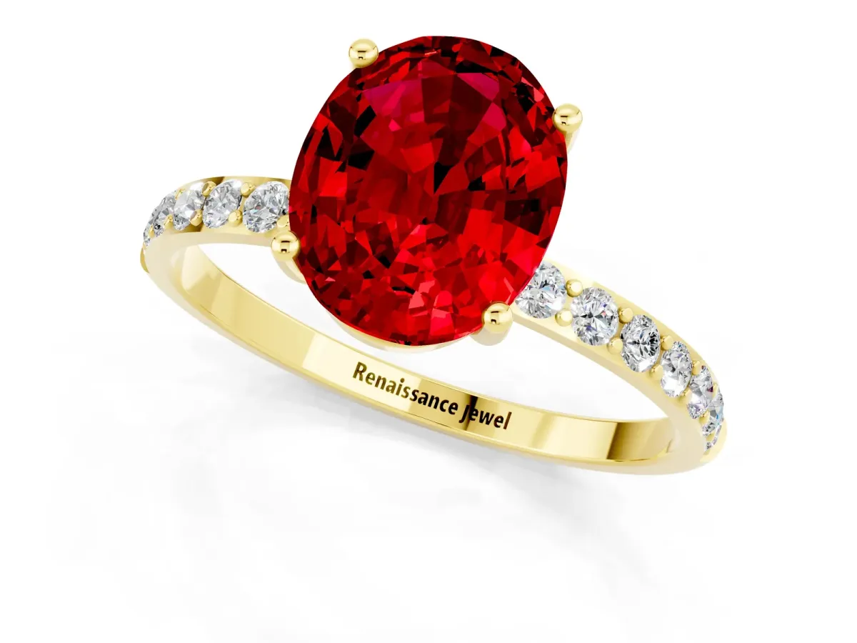 Oval Cut Ruby Solitaire Ring with Round Pavé Band and Prong Setting Yellow gold