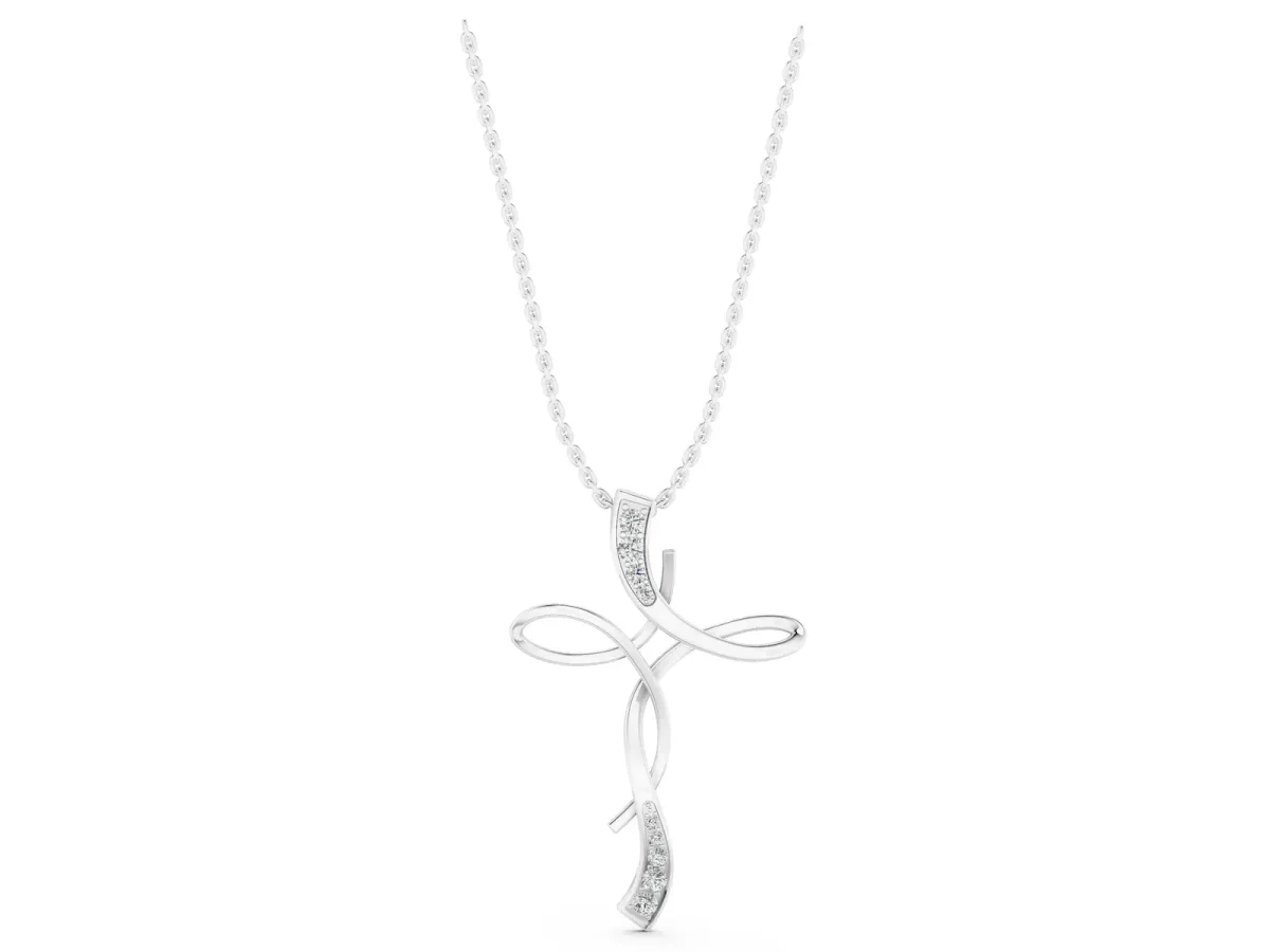 Pavé Round Diamond Twist Cross Pendant Silver
