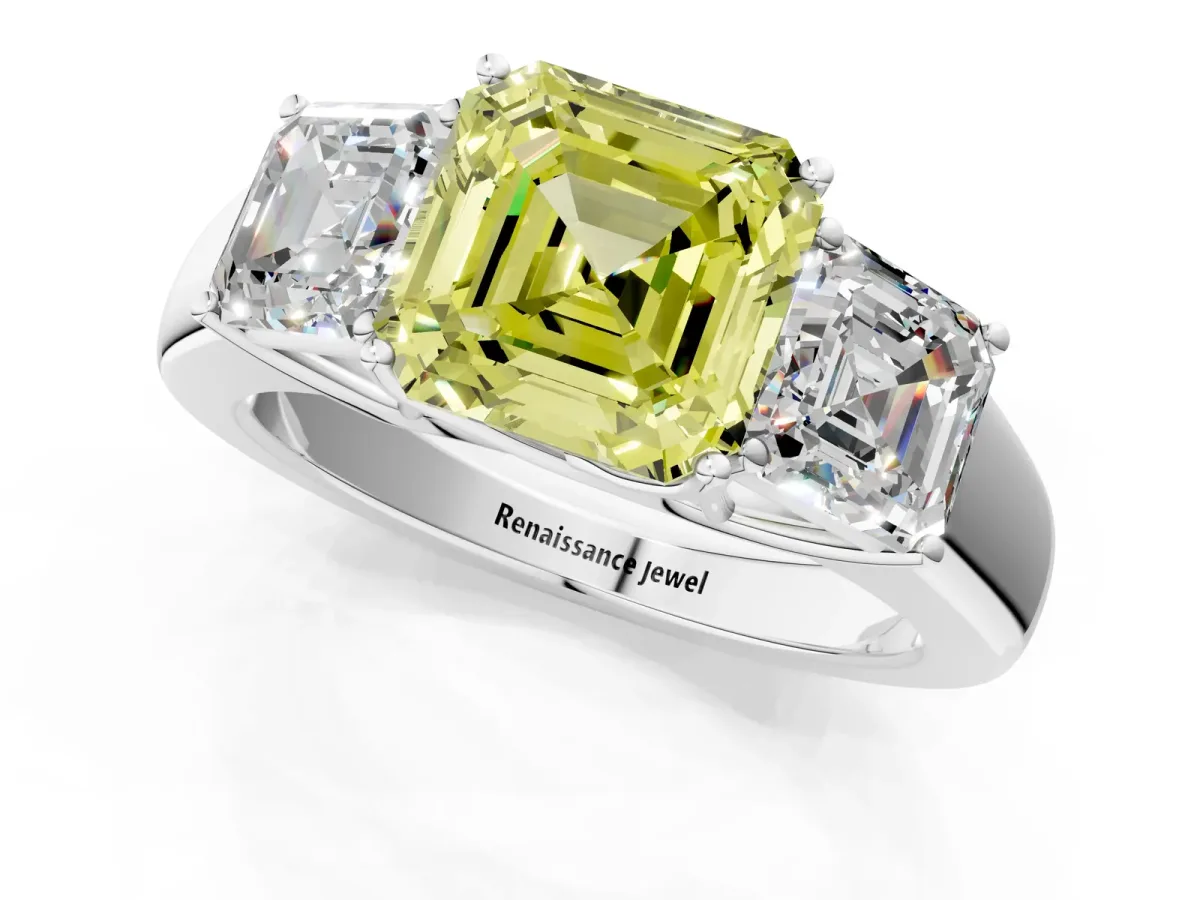 Fancy Yellow Three-Stone Asscher Cut Cut Diamond Ring with Prong Setting and Classic Band Platinum