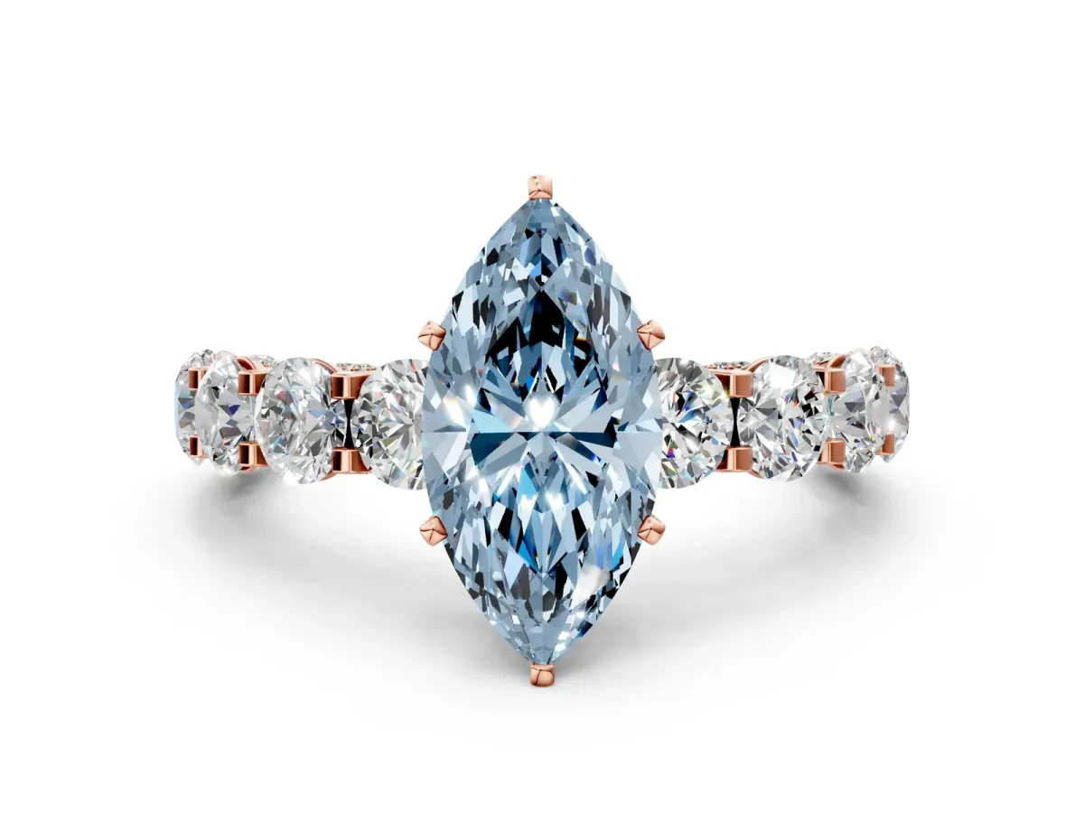 Fancy Blue Marquise Cut Diamond Side Stone Engagement Ring with Four-Prong Setting Rose gold