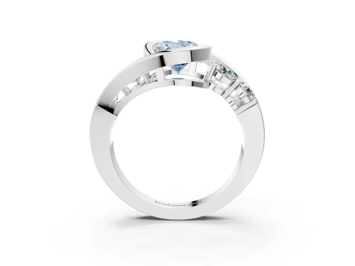 Fancy Blue Bezel Set Oval Cut Diamond Bypass Ring with Round Accents Platinum