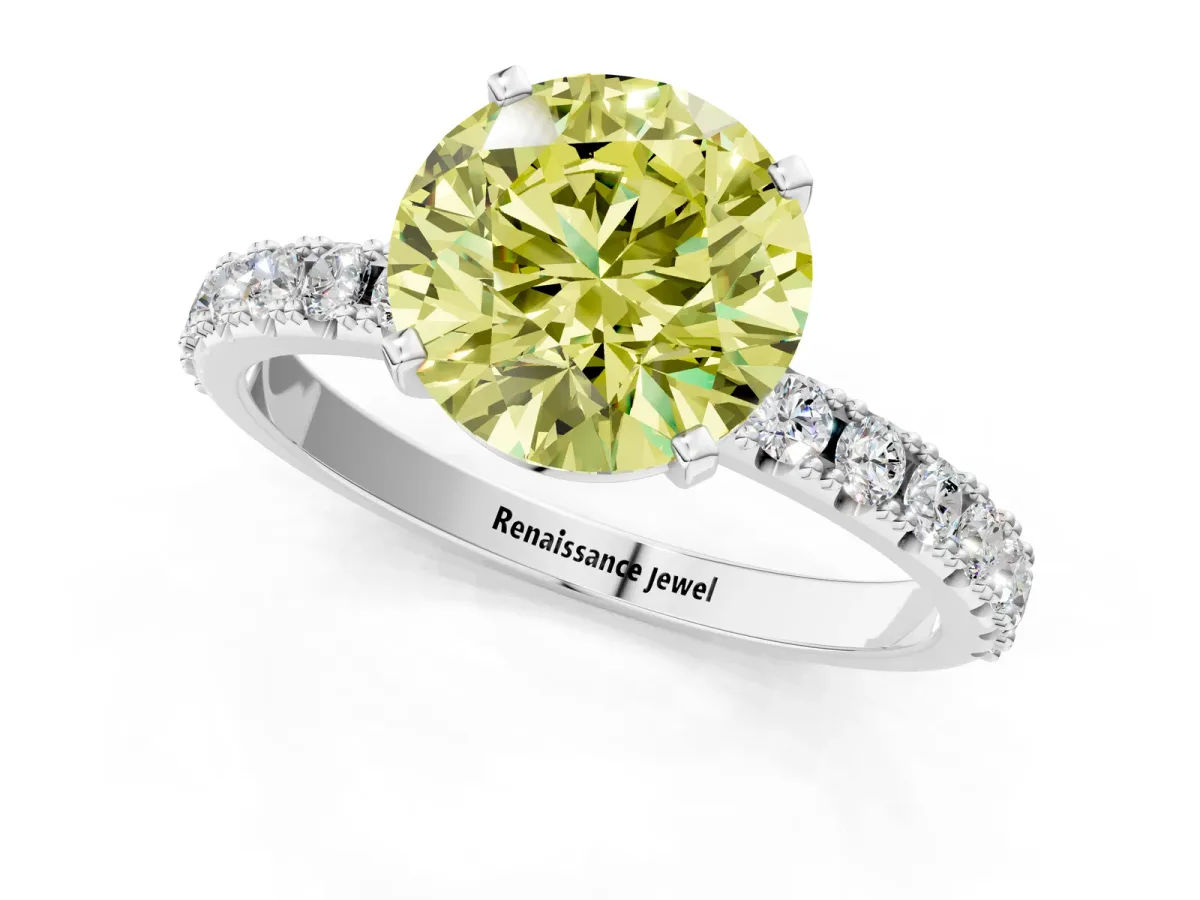 Fancy Yellow Round Cut Diamond Solitaire Pavé Band with Four-Prong Setting Silver