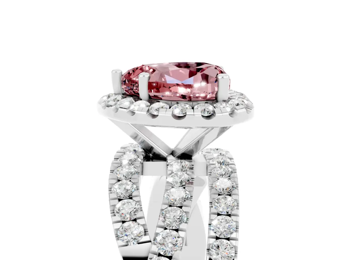 Heart Cut Morganite Halo Ring with Round Split Shank and Prong Setting Platinum