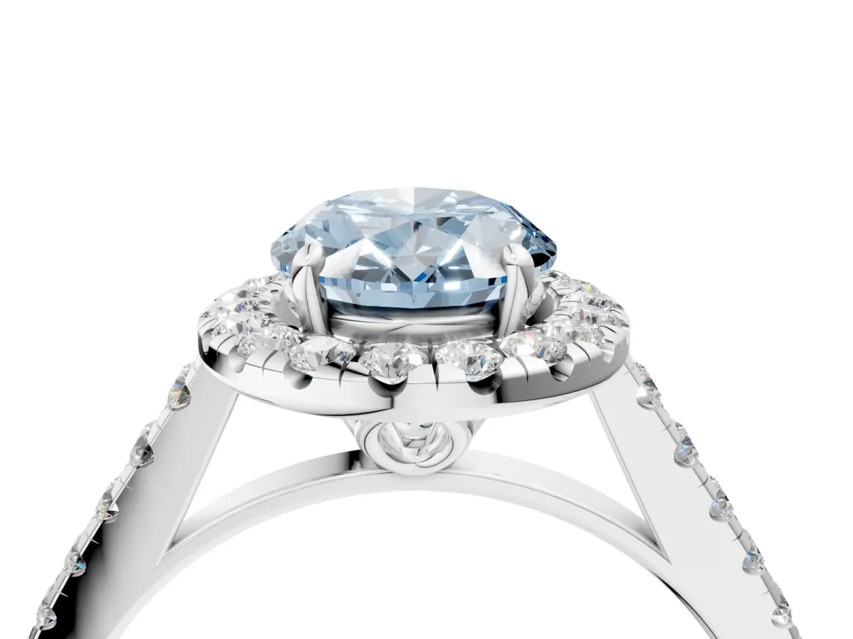 Fancy Blue Oval Cut Halo Pavé Diamond Engagement Ring with Four-Prong Setting Silver