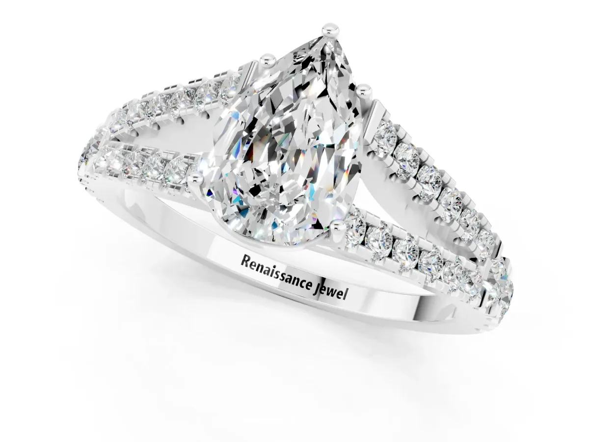 Pear Cut Moissanite Split Shank Engagement Ring with Round Pavé and Prong Setting Platinum