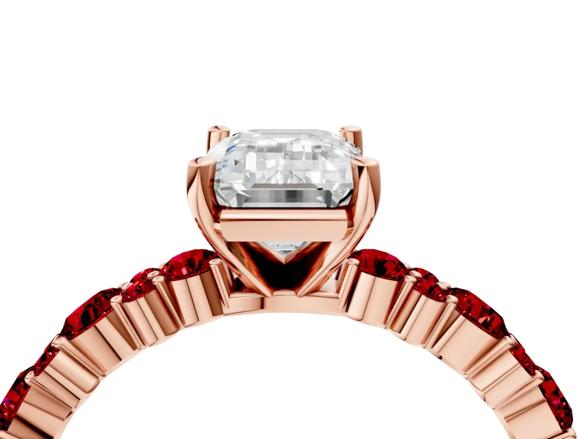 Emerald Cut Diamond Side Stone Solitaire Ring with Round Ruby and Four-Prong Setting Rose gold