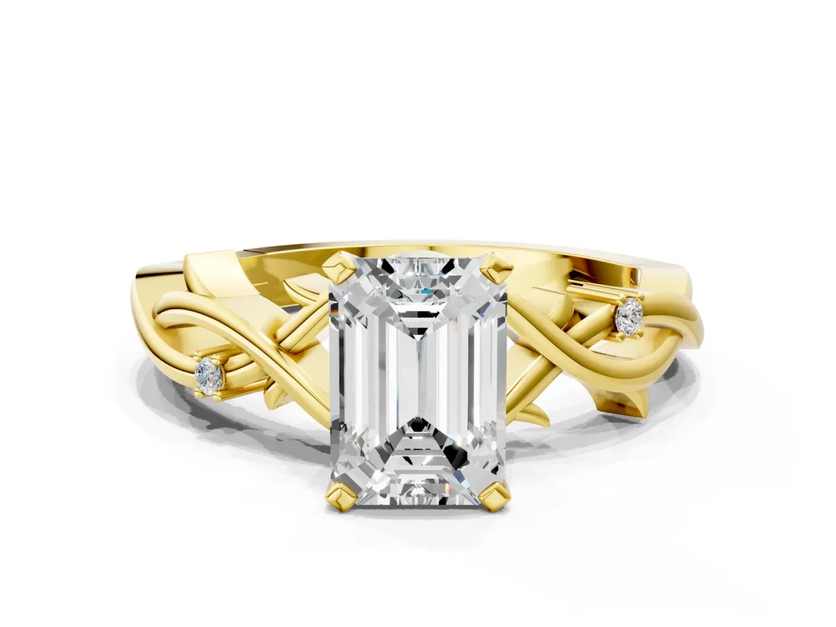 Emerald Cut Diamond Solitaire Ring with Twisted Band and Prong Setting Yellow gold