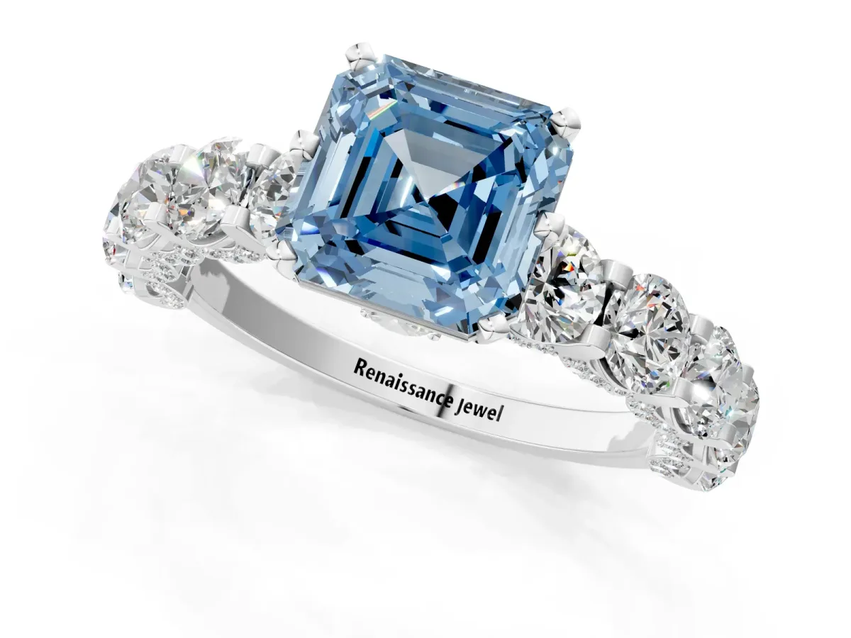 Fancy Blue Asscher Cut Diamond Side Stone Engagement Ring with Four-Prong Setting White gold