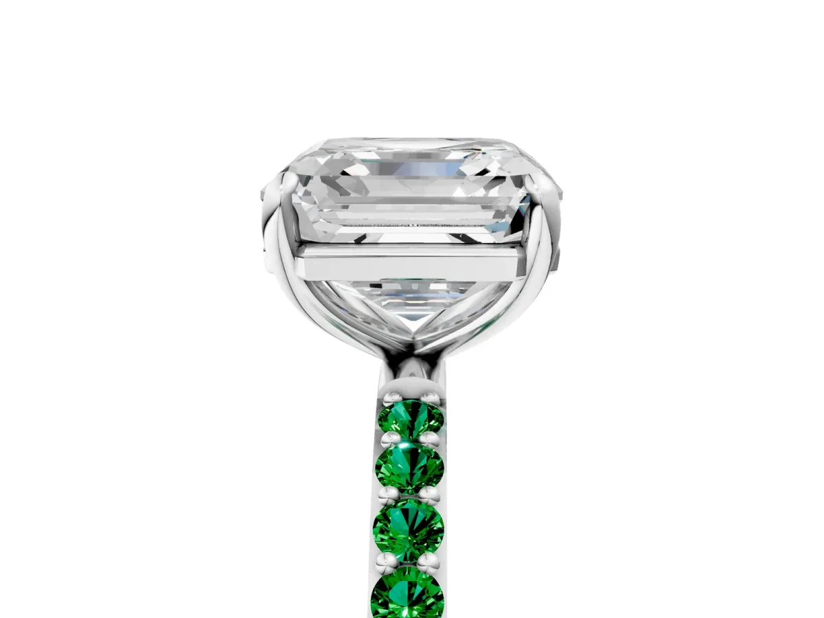 Asscher Cut Diamond Solitaire Ring with Round Emerald Pavé Band and Prong Setting Silver