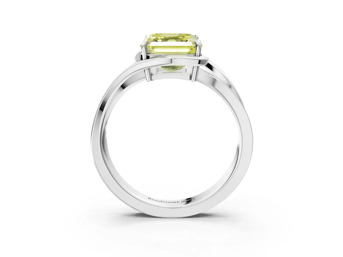 Fancy Yellow Asscher Cut Diamond Solitaire Ring with Split Shank and Prong Setting Platinum