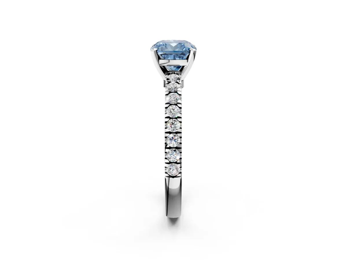 Fancy Blue Cushion Cut Solitaire Diamond with Pavé Band and Four-Prong Setting Silver