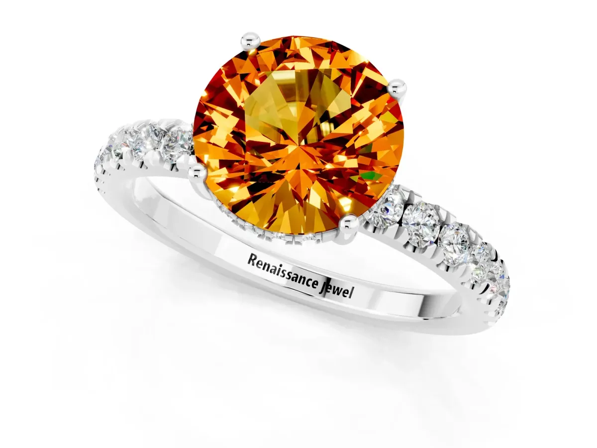 Round Cut Citrine Pave Band Solitaire Ring with Round and Prong Setting Silver